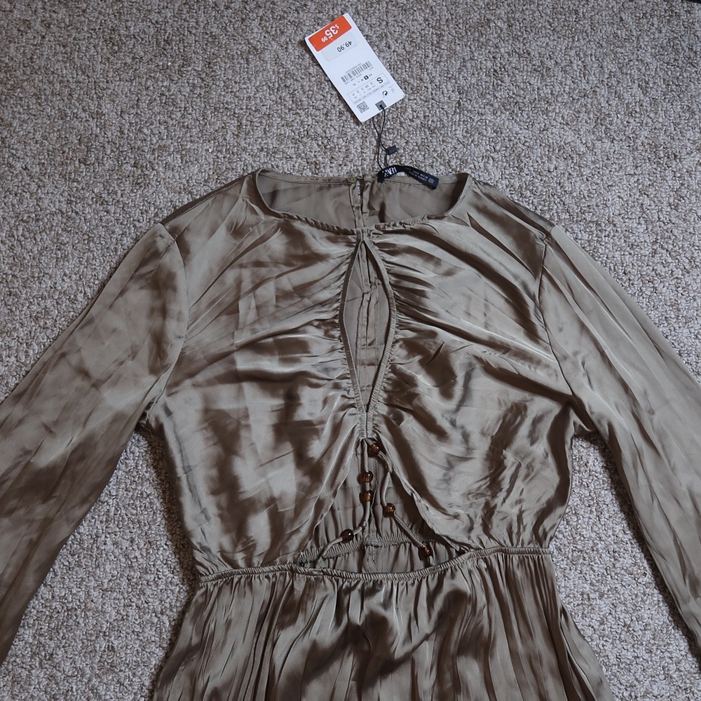 ZARA NEW SATIN EFFECT PLEATED CUT OUT BEADED DRESS KHAKI GREEN